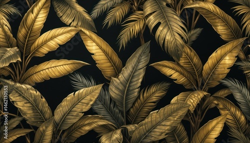Tropical exotic seamless pattern. Grunge golden banana leaves, palm. Hand-drawn dark vintage 3D illustration. Nature abstract background design. Good for luxury wallpapers, cloth, fabric printing.