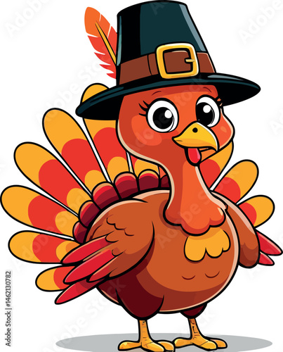 A funny Thanksgiving cartoon illustration features a cute pilgrim hat-wearing turkey vector