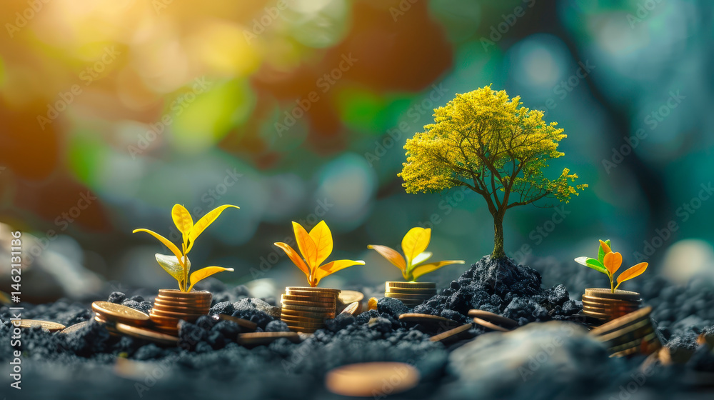 Tree Growing from Coins Depicting Financial Growth, Business Investment, Savings, and Future Profit in Sustainability Concept with Sunlight Background