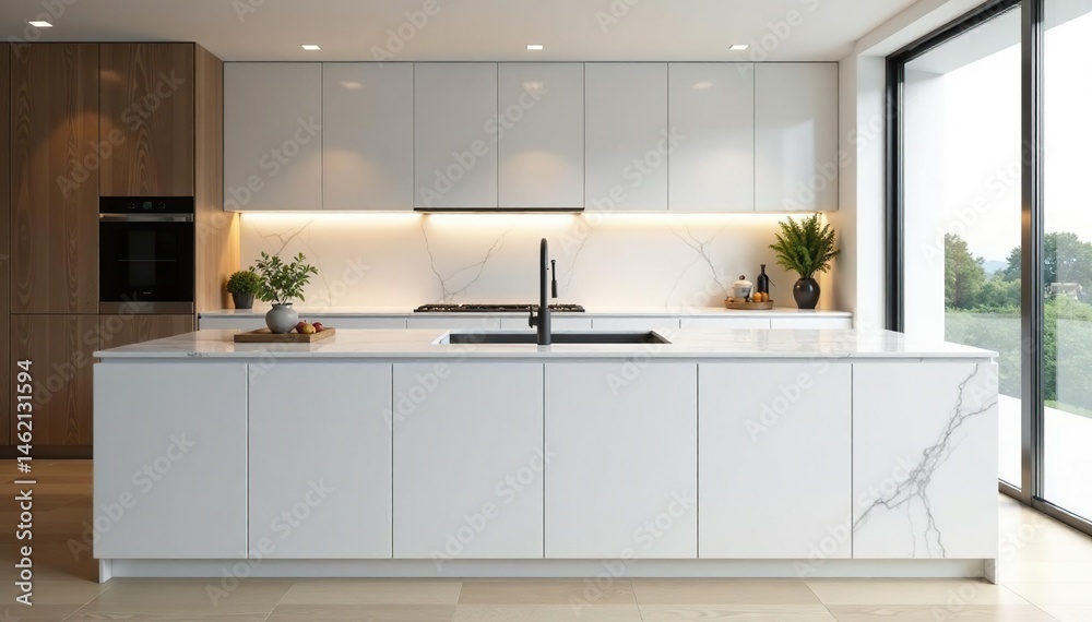 Fototapeta premium Sleek white marble countertop, modern kitchen, veined, minimalist, Calacatta