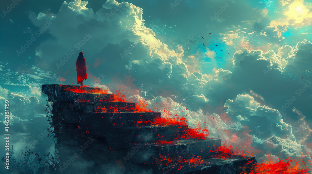 Young Woman on Glowing Broken Stairs Ascending to Sky, Digital Art, Illustration Painting of Surreal Journey and Ambiance in Dramatic Clouds, Dreamlike Imagery, Mysterious and Inspirational Theme
