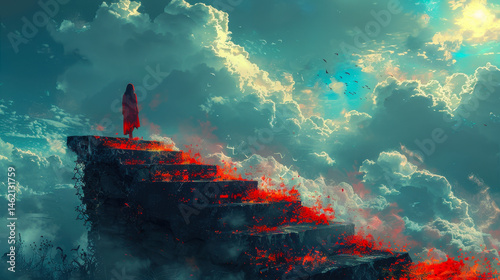 Obraz na płótnie Young Woman on Glowing Broken Stairs Ascending to Sky, Digital Art, Illustration Painting of Surreal Journey and Ambiance in Dramatic Clouds, Dreamlike Imagery, Mysterious and Inspirational Theme w salonie
