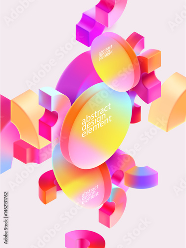 Geometric poster template of Multicolored 3D circles. Glass iridescent geometric shape.
