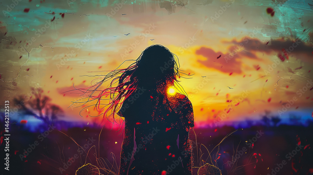 Rear view of woman with cracked effect body looking at sunrise, surreal illustration, emotional and reflective theme, vibrant colors, sunrise scene, artistic depiction of hope and transformation