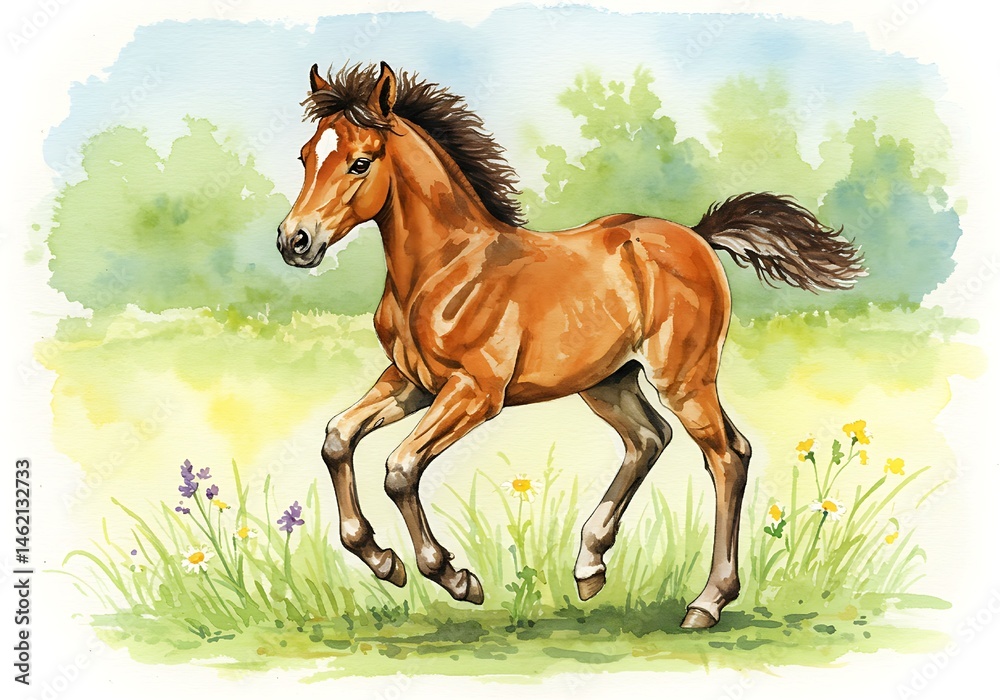 Obraz premium Little Hooves: A Playful Watercolor Portrait of a Young Horse