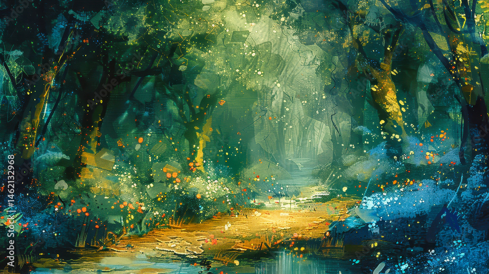 Enchanted Blue and Green Forest with Magical Glowing Pathway in a Mystic Fantasy Realm