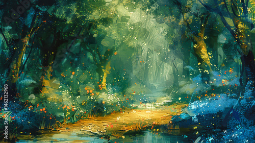 Obraz na płótnie Enchanted Blue and Green Forest with Magical Glowing Pathway in a Mystic Fantasy Realm w salonie
