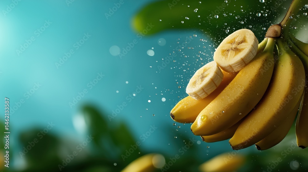 Bananas hanging from a tree in bright sunlight with room for text on a sunny day