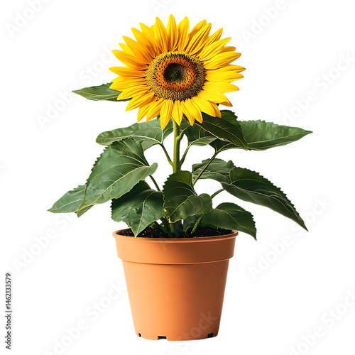 A Bright Potted Sunflower Plant with Large Yellow Bloom Isolated on Transparent Background