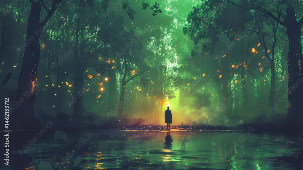Enchanted Forest Night Adventure: Lone Man with Torch Illuminates Mystical Fairytale Woods, Digital Art