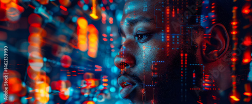 Obraz na płótnie Black African American IT Specialist Analyzing AI Cyber Security Threats, Futuristic Technology Collage, Night Mode, Digital Data Stream, High Tech Surveillance Concept w salonie