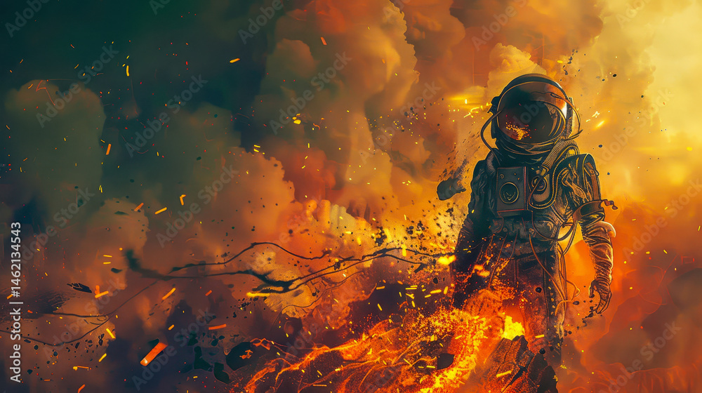 Infected Astronaut Obliterated by Fire in Apocalyptic Sci-Fi Setting During Twilight, Digital Illustration Painting