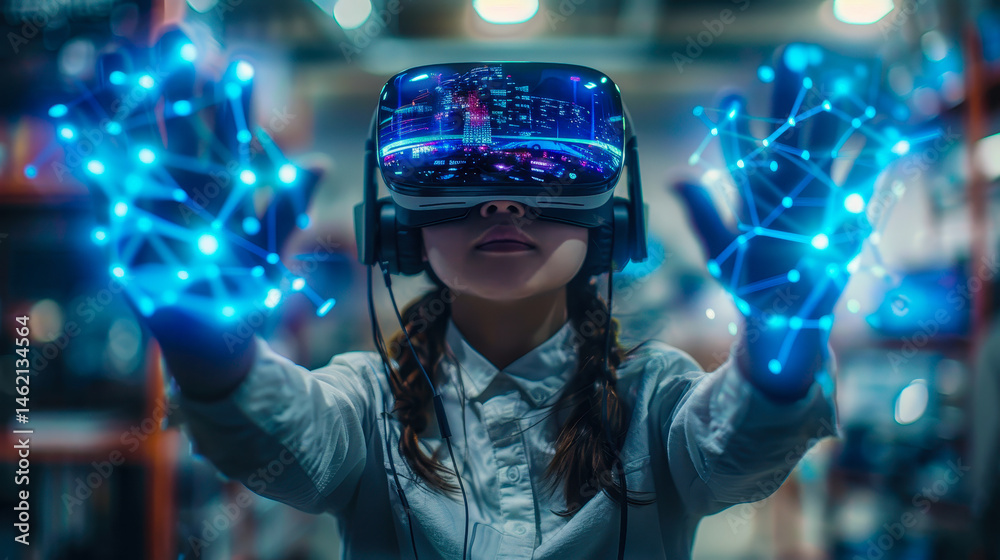 School Student Interacting with VR Headset and AI Hologram in Classroom Using Artificial Intelligence Technology and Machine Learning for Enhanced Education