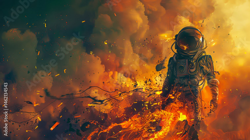 Obraz na płótnie Infected Astronaut Obliterated by Fire in Apocalyptic Sci-Fi Setting During Twilight, Digital Illustration Painting w salonie