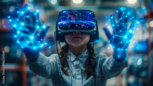Obraz na płótnie School Student Interacting with VR Headset and AI Hologram in Classroom Using Artificial Intelligence Technology and Machine Learning for Enhanced Education w salonie