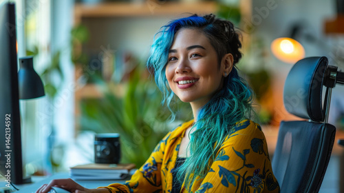 Blue-Haired Woman in Wheelchair Working Remotely at Diverse, Inclusive Workplace for Pride Month, Smiling at Computer in Bright Modern Office Setting