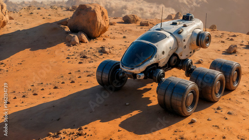 Autonomous rover traverses red dusty terrain, rover sensors scanning rocky outcrops for scientific insights. It crosses red surface of Mars conducting soil analysis from surface for advanced research