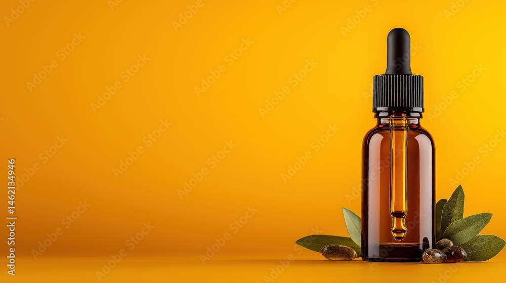 Amber glass bottle with dropper lid on a solid background allowing for custom text display in a pop art style