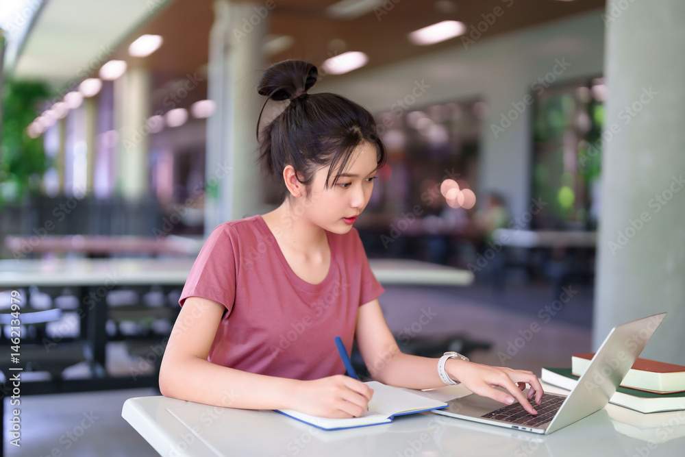 Fototapeta premium Young Asian Woman Studying Online Using Laptop and Writing in Notebook on Campus for Education Project Learning and Exam Preparation