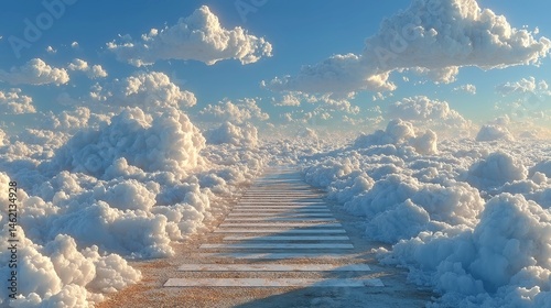 Floating Crosswalk in Dreamscape, a surreal scene where a crosswalk hovers among the clouds, presenting an abstract journey into the unknown, evoking wonder and curiosity.