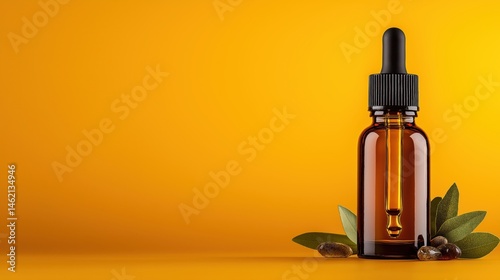 Obraz na płótnie Amber glass bottle with dropper lid on a solid background allowing for custom text display in a pop art style w salonie