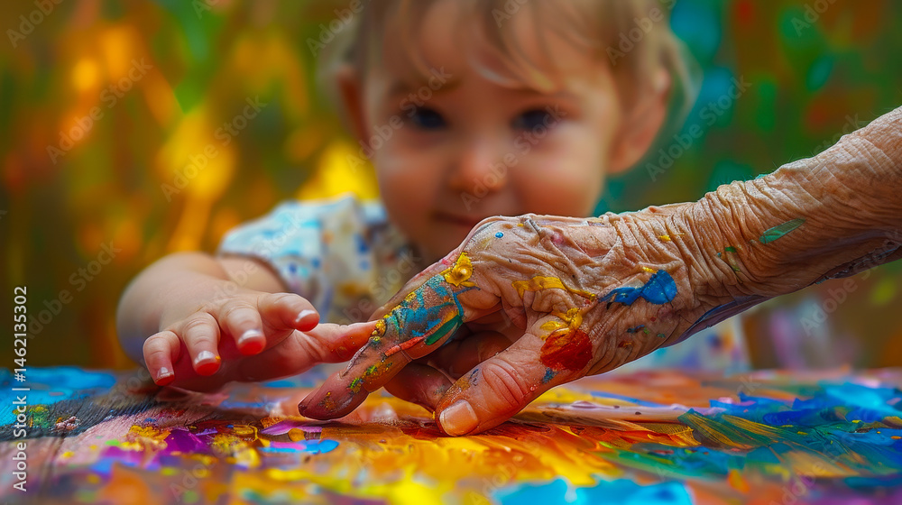 Intergenerational Bonding Through Finger Painting: Grandchild and Grandparent Shared Creativity, Colorful Expression, Artistic Connection, Warm Day, Embracing Aging and Youthful Joy