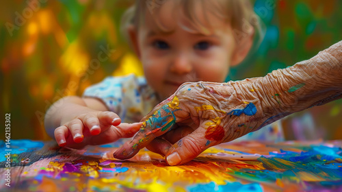 Obraz na płótnie Intergenerational Bonding Through Finger Painting: Grandchild and Grandparent Shared Creativity, Colorful Expression, Artistic Connection, Warm Day, Embracing Aging and Youthful Joy w salonie