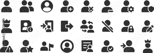 User account glyph icon set. Vector pictograms of profile avatar, login, admin, guest, list, details, info, secure, identity, access, manage, contact, black sign silhouette illustration.