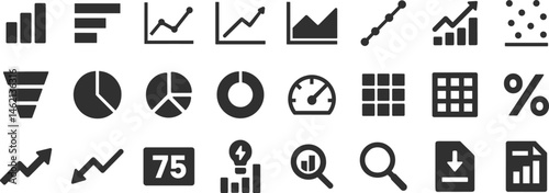 Analytics dashboard glyph icon set. Vector pictograms of percent, growth graph, decline, trend, arrow, filter, segmentation, magnify, analysis, document, black sign silhouette illustration.