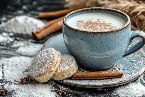 premium quality picture of cup of milk with cinnamon biscuits and flour