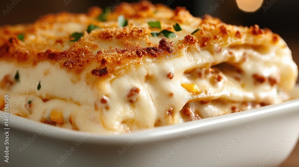 Creamy baked casserole with golden breadcrumbs and rich layers of flavor in a cozy kitchen setting