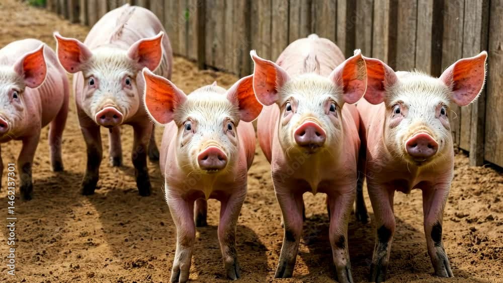 Group of small pink pigs standing by a rural wooden fence. Livestock on farm video clip. Agricultural concept, domestic animal scene for veterinary or butcher shop ad. Group of small pink pigs standing by a rural wooden fence. Livestock on farm video clip. Agricultural concept, domestic animal scene for veterinary or butcher shop ad.