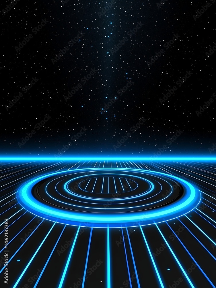 Fototapeta premium Futuristic platform with glowing rings and lines against a starry night
