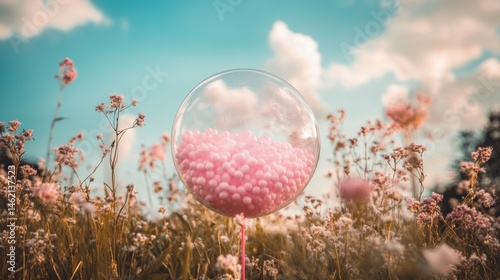 Floating balloon in pink floral meadow for dreamy surreal fantasy landscape poetic happiness calm field story