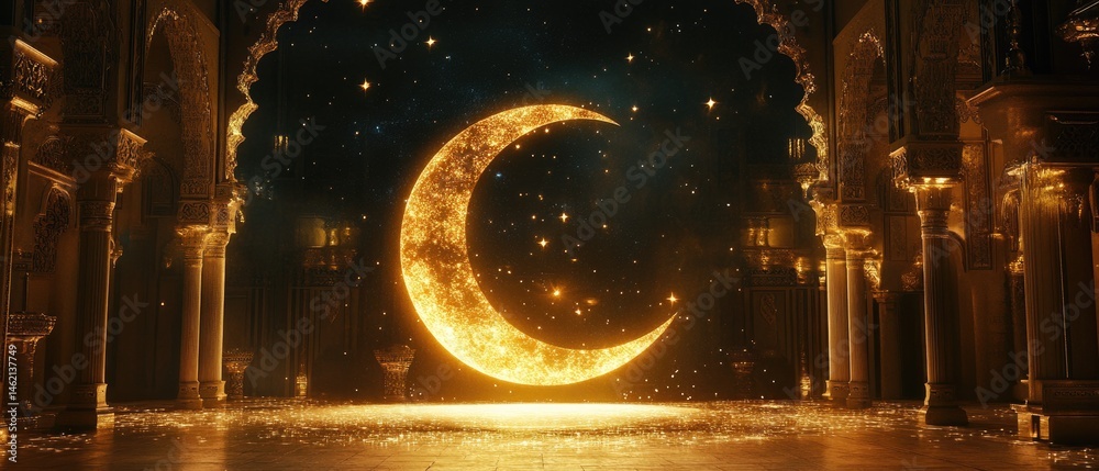 Obraz premium Golden crescent moon in grand hall.