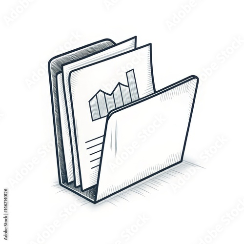 A folder holding documents, one featuring a simple bar graph or chart, drawn in a sketch style.