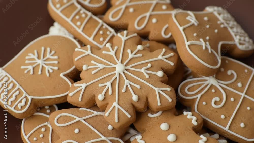 Christmas winter gingerbread, holiday biscuits on monochrome background. New Year gingerbread on the table
