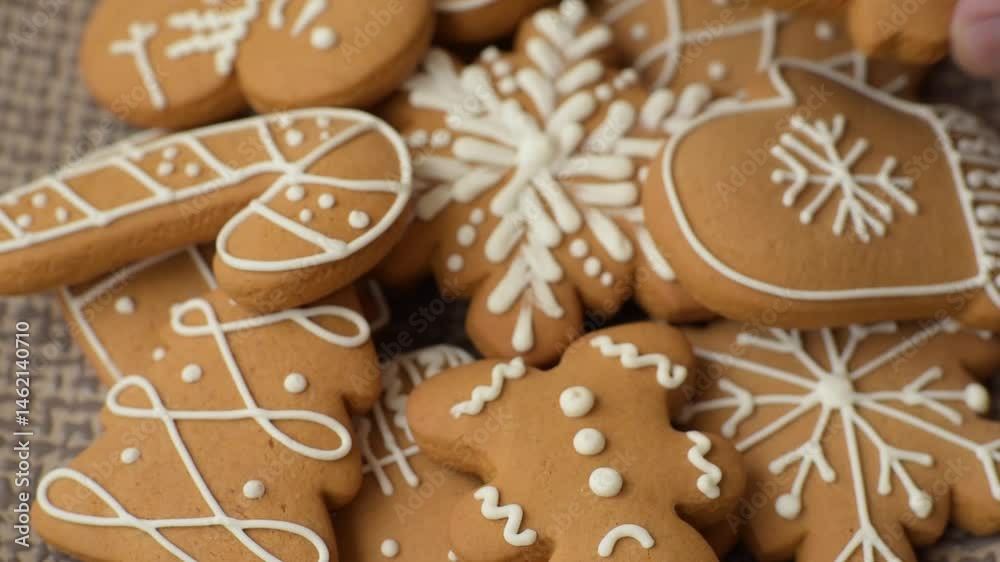 Christmas winter gingerbread, holiday biscuits on monochrome background. New Year gingerbread on the table