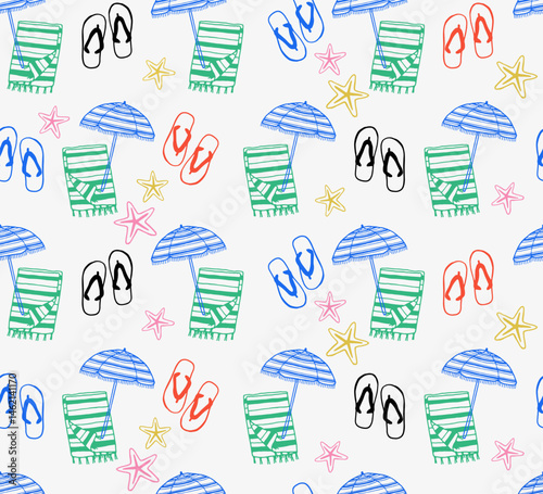 Seamless pattern with summer beach elements. Vector hand drawn background with flip flops, sun umbrella, towel and starfish. Summer vacation and travel concept