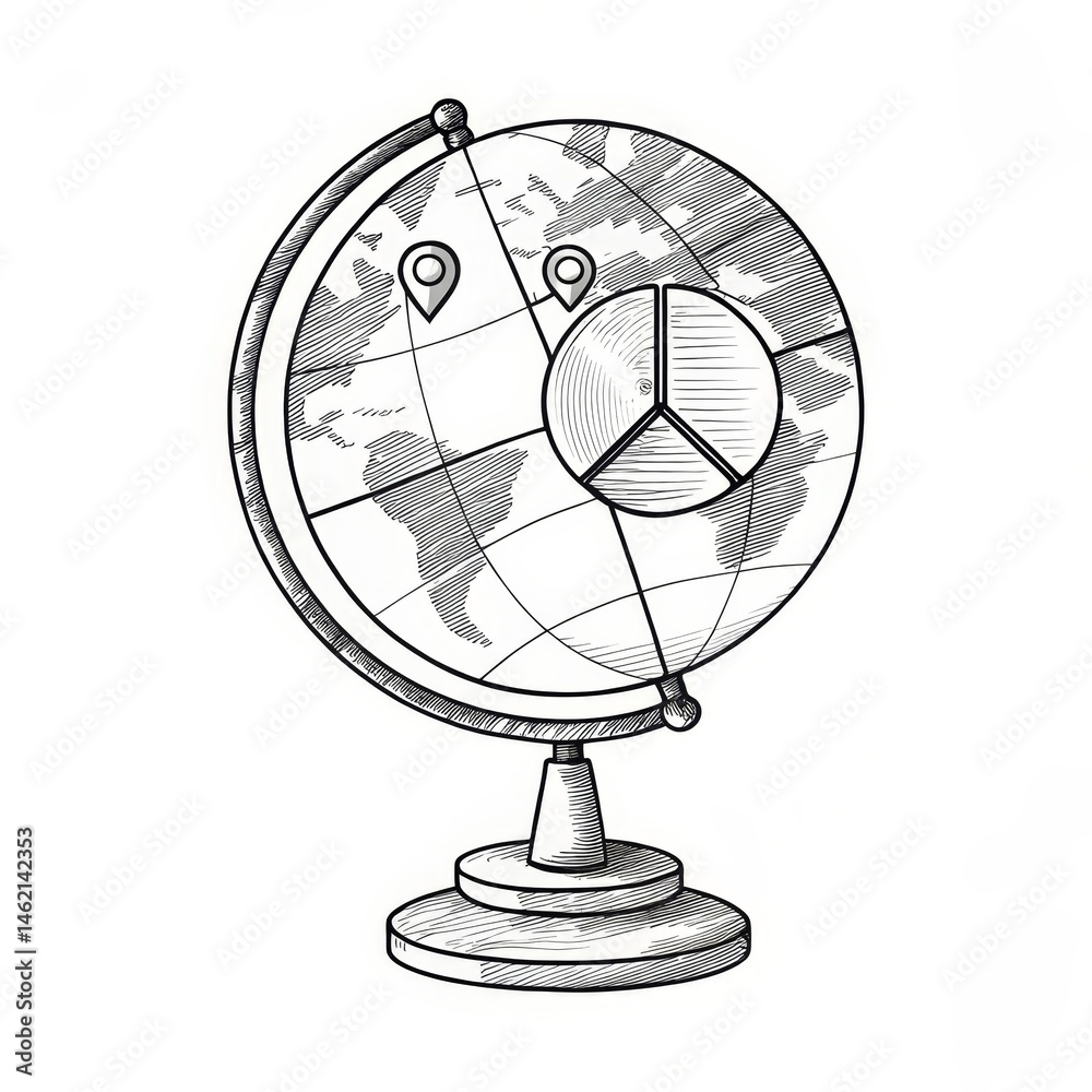 Obraz premium A vintage globe illustration showing map markers and a pie chart overlay, symbolizing global data analysis and geography.
