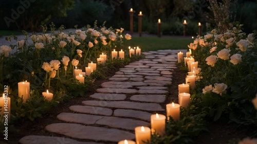 Serene pathway with glowing candles and white roses at night  