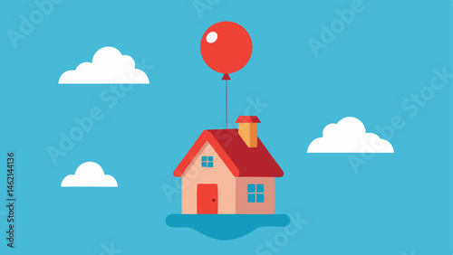 House in the Sky A small cartoonstyle house with a sloped roof and a chimney securely tied to a gigantic colorful balloon. The balloon is bright red with cheerful patterns. In the