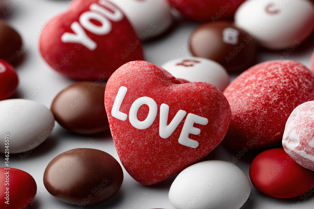 Sweetheart candies in heart shapes with loving messages for Valentine's Day celebration