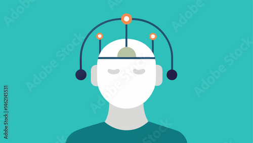Headset with Electrodes A front view of a sleek EEG headset with multiple small electrodes in contact with a persons scalp depicting how the device sits comfortably while tracking