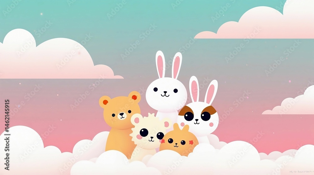 Naklejka premium Cute cartoon animals in clouds with pastel background