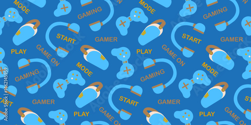 Video game controller, joystick and virtual reality glasses seamless pattern. Flat style vector illustration 