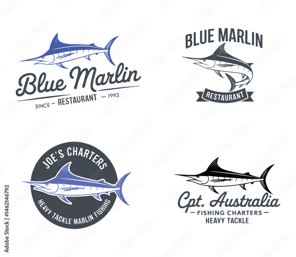 Fototapeta premium Four Blue Marlin Logo Designs for Restaurant and Charters