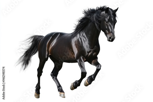 Majestic black horse standing tall  ultra-realistic photo on white background
