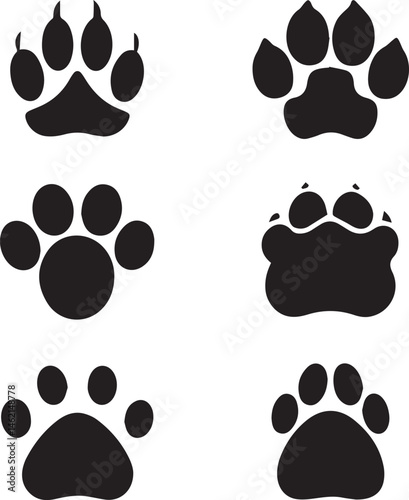 paw print icons, dog paw silhouette vector icon set, dog paw print logo bundle