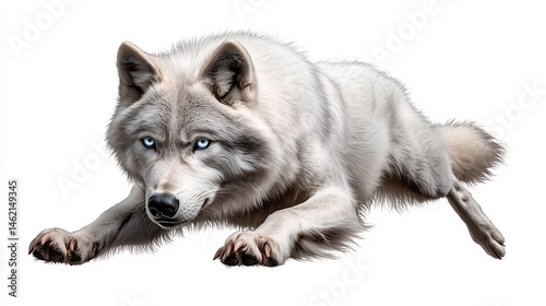 A regal white wolf, alert and watchful, lying low